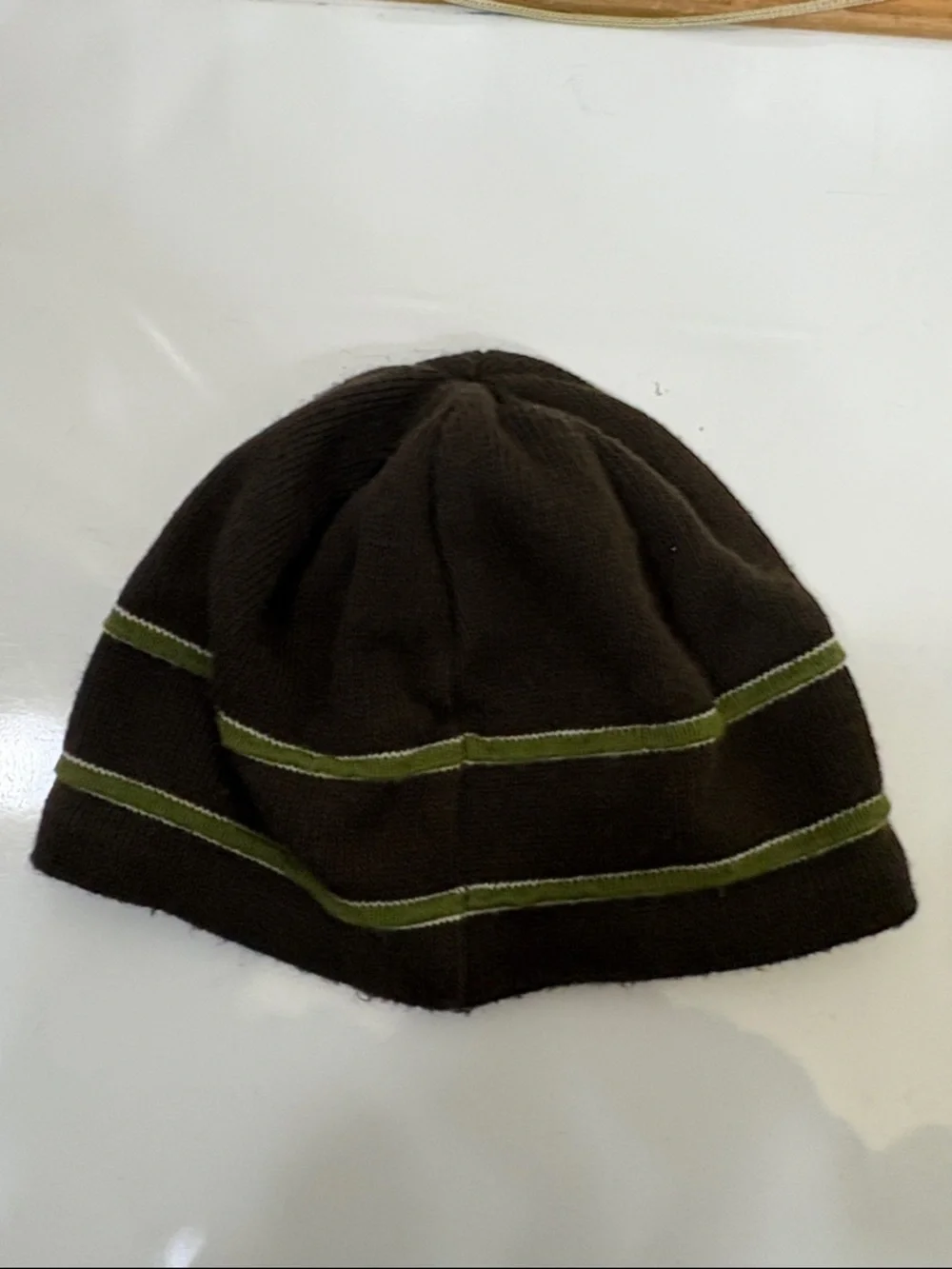 The North‎ Face Brown Knit Beanie with Olive Stripe